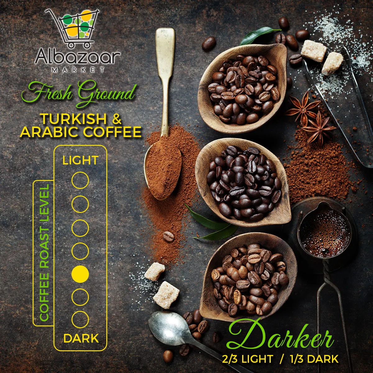 Arabic & Turkish Coffee 2/3 Light 1/3 Dark Roast