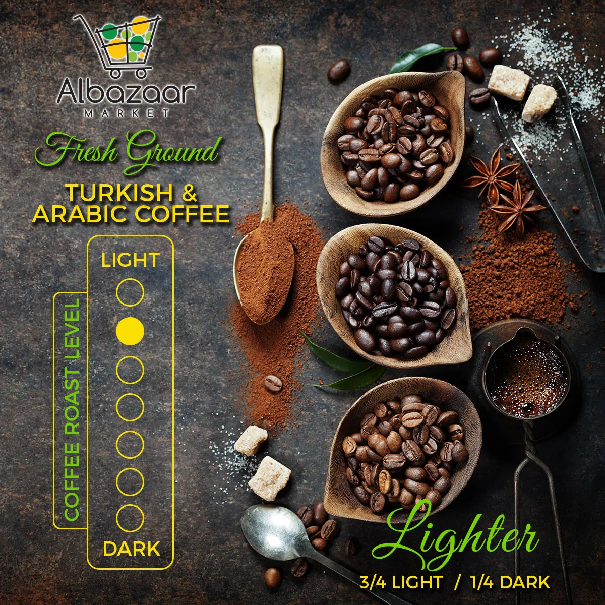 Arabic & Turkish Coffee 3/4 Dark 1/4 Light Roast