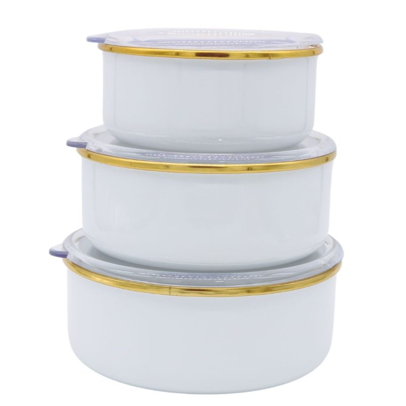 Ebru Metal Emaye White Triple Containers with Golden Stripes