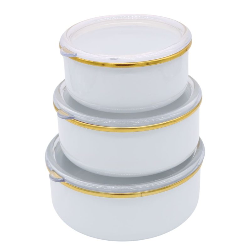 Ebru Metal Emaye White Triple Containers with Golden Stripes