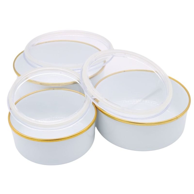 Ebru Metal Emaye White Triple Containers with Golden Stripes