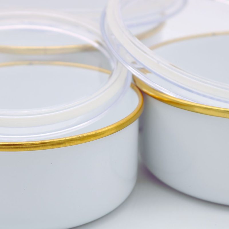 Ebru Metal Emaye White Triple Containers with Golden Stripes