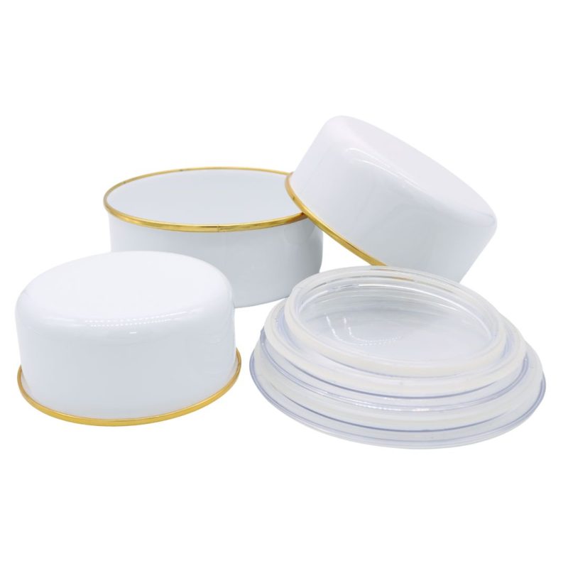 Ebru Metal Emaye White Triple Containers with Golden Stripes