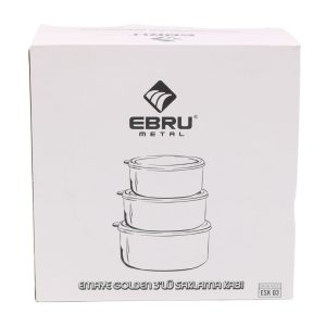 Ebru Metal Emaye White Triple Containers with Golden Stripes