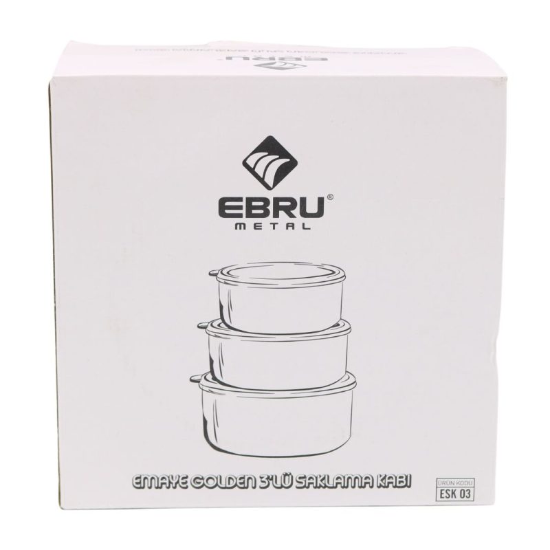 Ebru Metal Emaye White Triple Containers with Golden Stripes