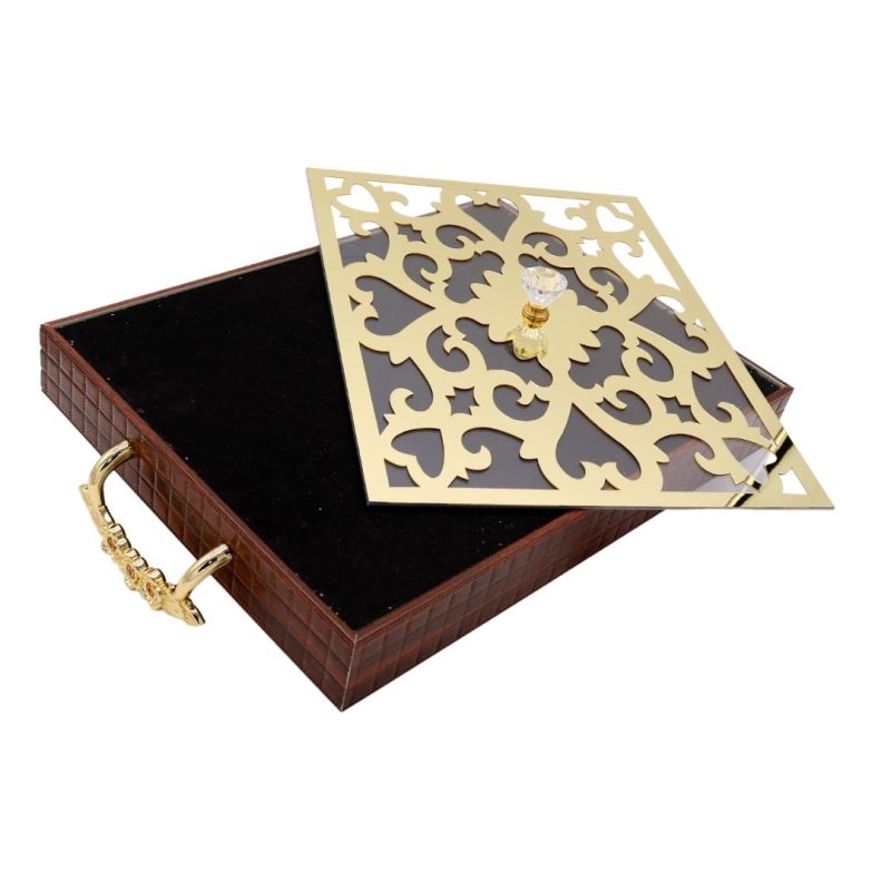 Ramadan 2 Pieces Brown Serving Tray with Gold Handles - Image 8