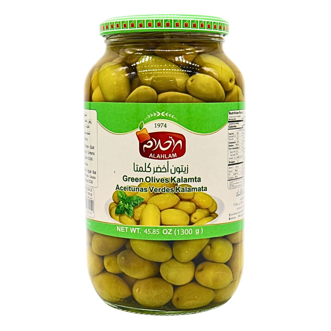 Alahlam Green Kalamata Large Olives 1300g | www.AlbazaarMarket.com